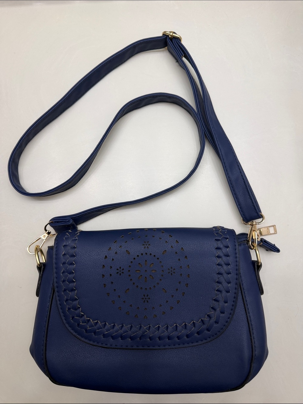 Navy Laser-Cut Crossbody Bag with Braided Trim